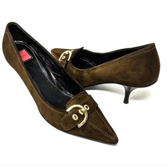 Coach Brown Sarrah Italian Suede Gold Buckle Pointed Toe Pumps - Size 8.5 - Picture 1 of 6